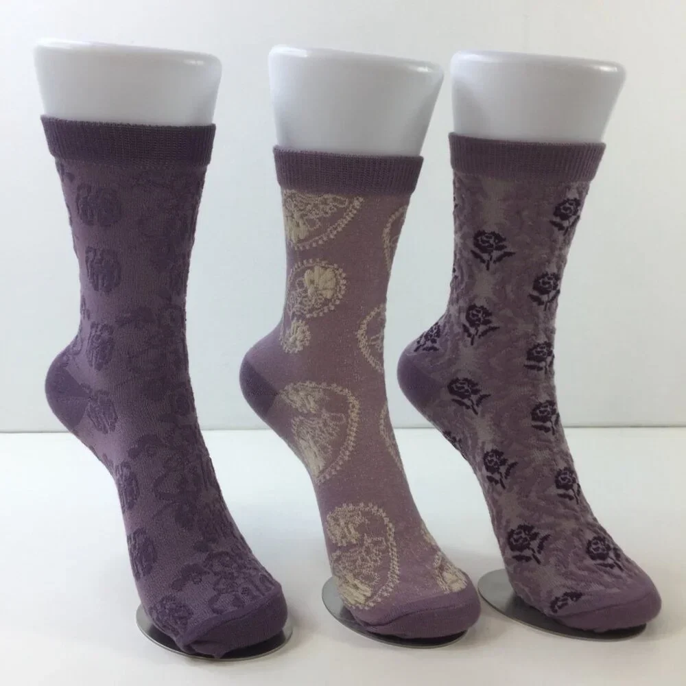 Womens Crew Socks 3 Pack Floral Paisley Designs Purple White